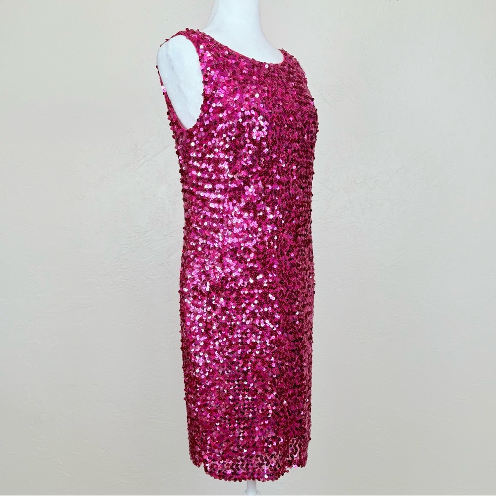 Vintage 1980s Night Line Silk Barbie Pink Sequin Sleeveless Dress Size 10 M - Picture 3 of 16
